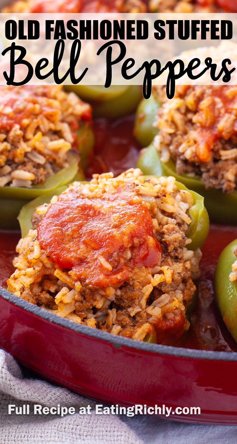 Old fashioned stuffed bell peppers in a red Dutch oven