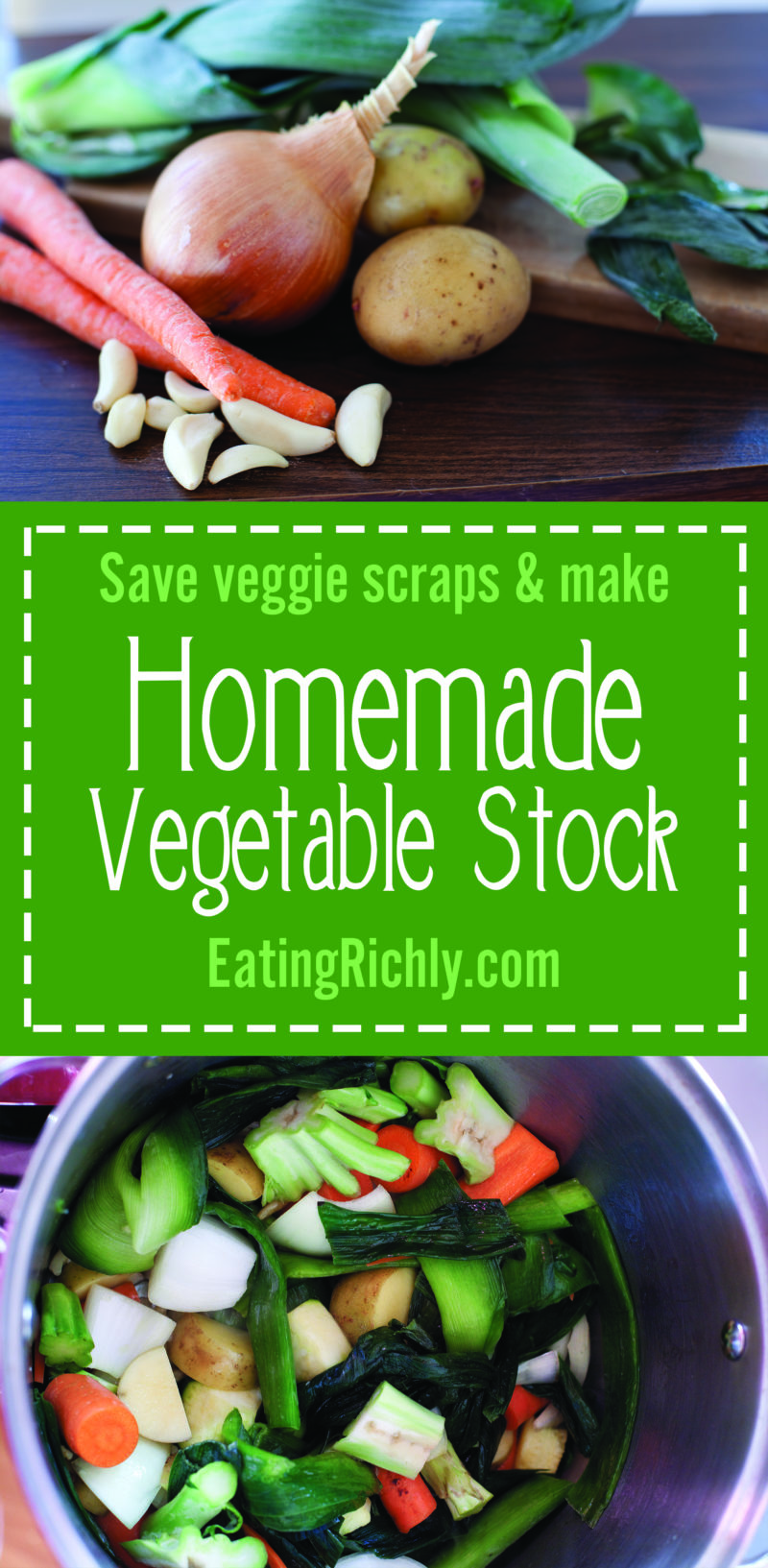 This homemade vegetable stock recipe can save you so much money by using veggie scraps stored in the freezer. From EatingRichly.com