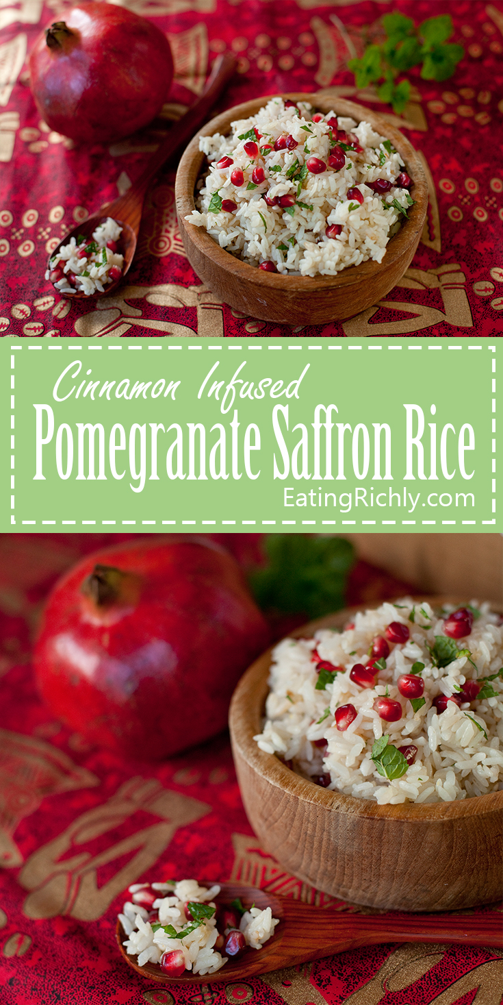 Rice is cooked with a cinnamon stick, then tossed with saffron, pomegrante seeds, and fresh mint for this aromatic pomegranate saffron rice recipe. From EatingRichly.com