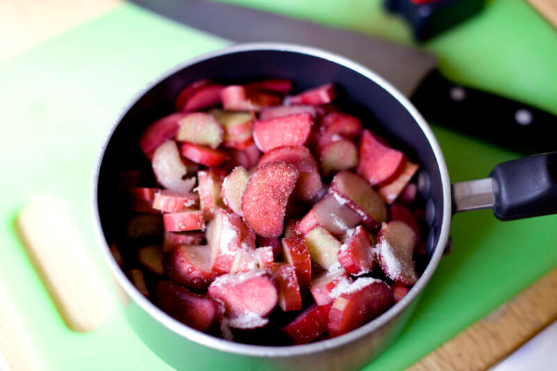 Sliced Rhubarb with Sugar in a Saucepan to Make Rhubarb Sauce