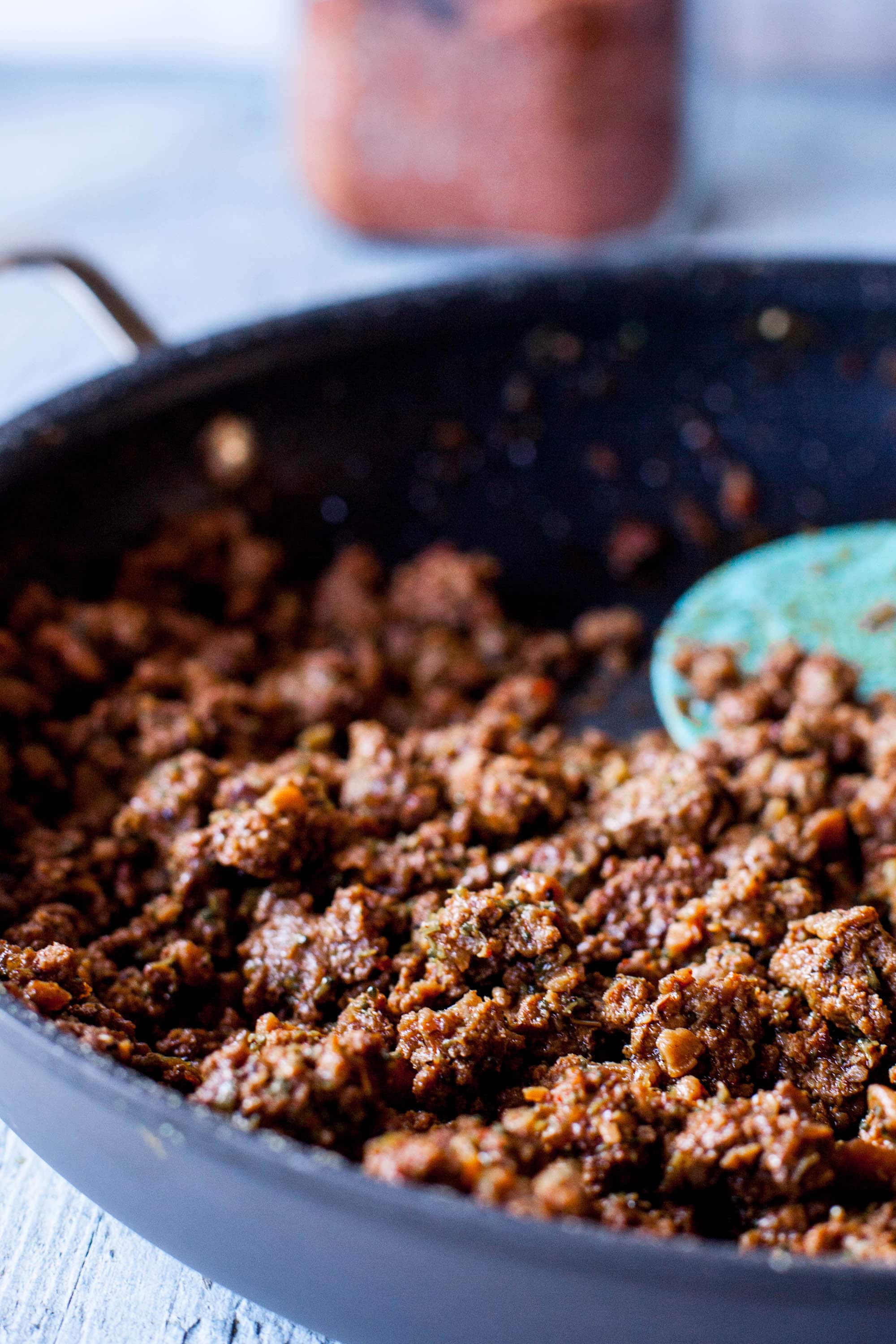 Ground beef cooked with gluten free taco seasoning