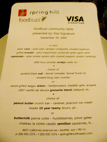 Springhill menu for Foodbuzz and Visa dinner
