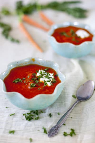 This roasted carrot tomato soup recipe can be made year round with fresh or canned tomatoes. From EatingRichly.com