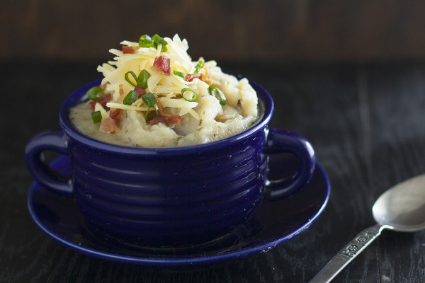 Light Baked Potato Soup is still rich and creamy, but good for you! EatingRichly.com