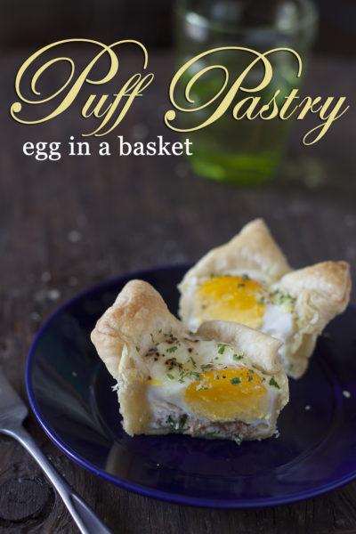 Puff pastry egg in a basket for Mother's Day lunch at EatingRichly.com