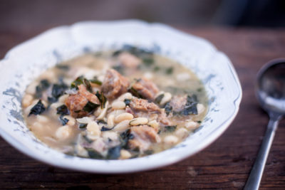 Chicken sausage, kale, and white bean soup recipe. Great freezer meal too! EatingRichly.com