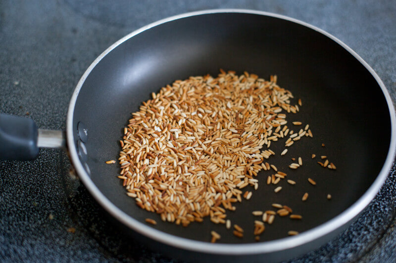 toasted rice in a skillet