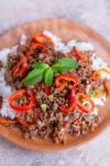 Plate Thai Ground Beef with Peppers and Carrots over rice