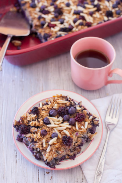 This easy black and blueberry baked oatmeal recipe is a healthy breakfast to make ahead & enjoy throughout the week, or perfect to feed a crowd at brunch. From EatingRichly.com