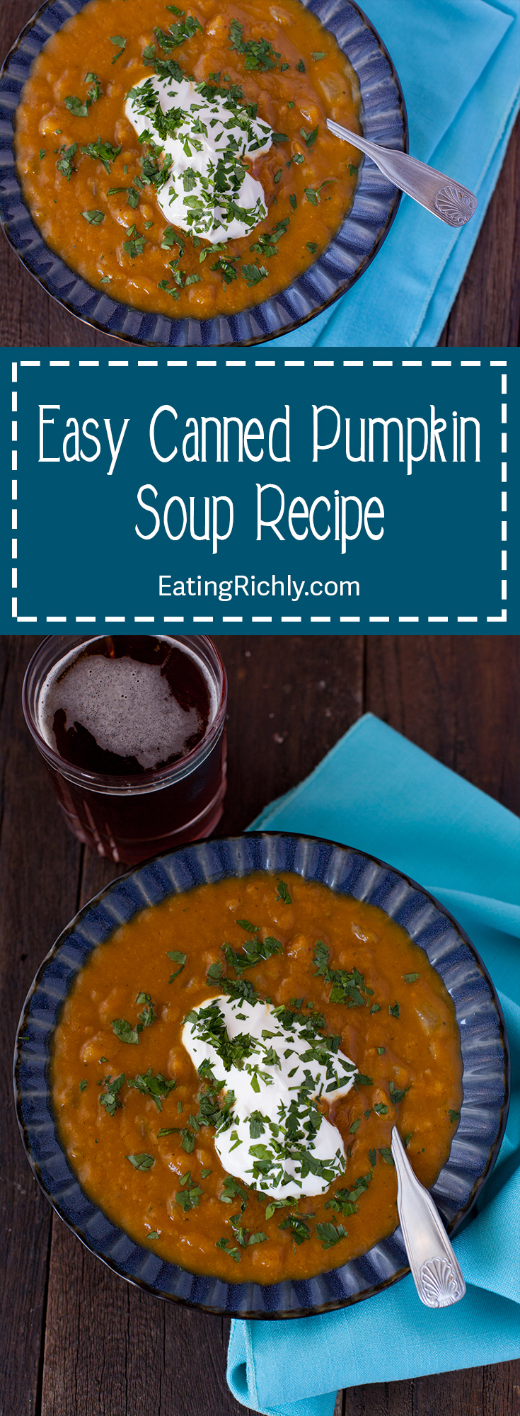 This easy pumpkin soup recipe with canned pumpkin doesn't taste like baby food, takes less than 10 minutes of hands on time, and makes a great freezer meal. Easily dairy free, vegan, paleo, gluten free. From EatingRichly.com