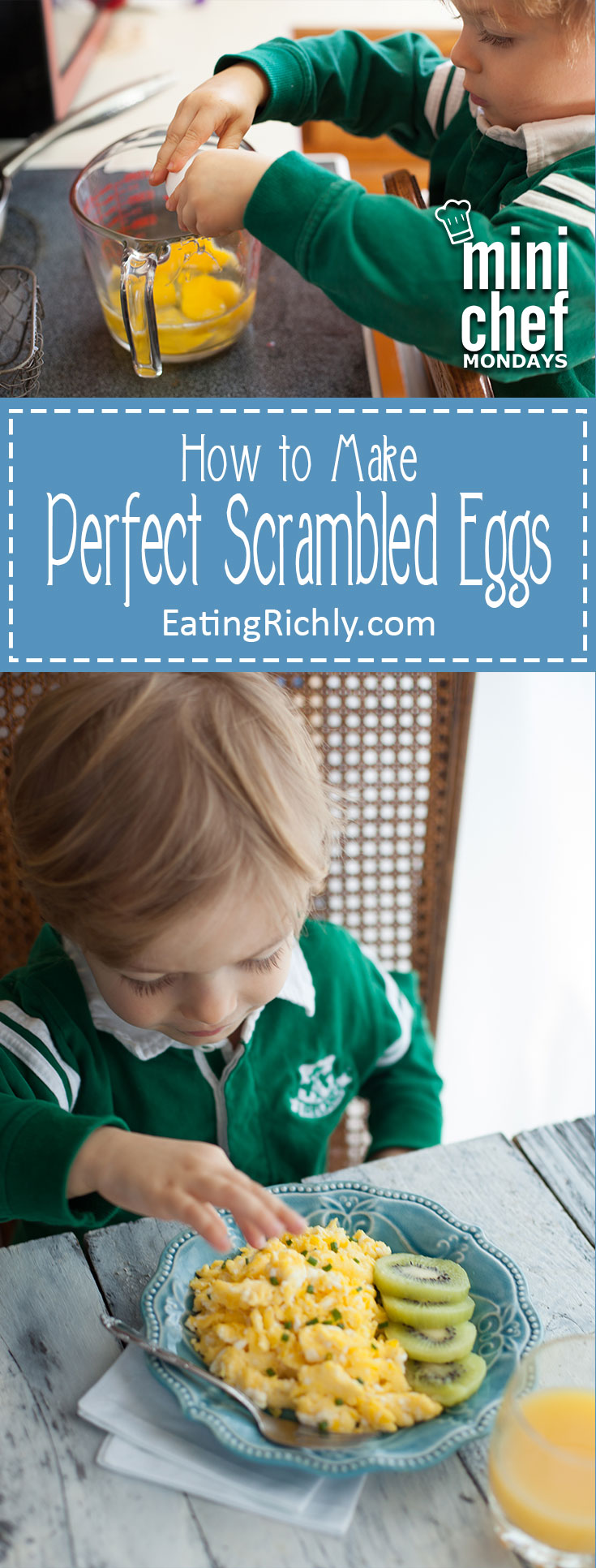 Watch a two year old teach you how to scramble eggs perfectly, with step by step photos and video. You'll learn how to scramble eggs like a pro! Part of #MiniChefMondays on EatingRichly.com 