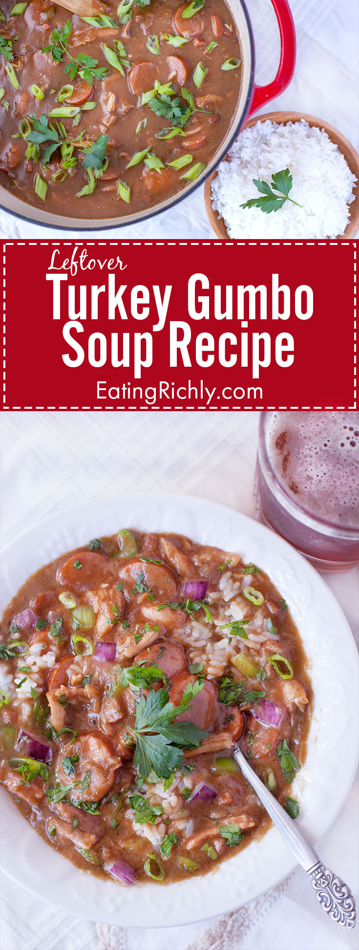 Need some good leftover turkey recipes? This turkey gumbo is a great way to use up leftover turkey during the holiday season, but you can also sub shredded chicken and chicken stock to make it any time of year. From EatingRichly.com
