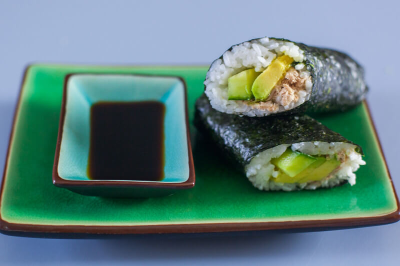 This canned tuna salad hand roll is the best sushi for kids because they can easily make and eat it themselves. Check out a three year old sushi chef! Part of #MiniChefMondays on EatingRichly.com