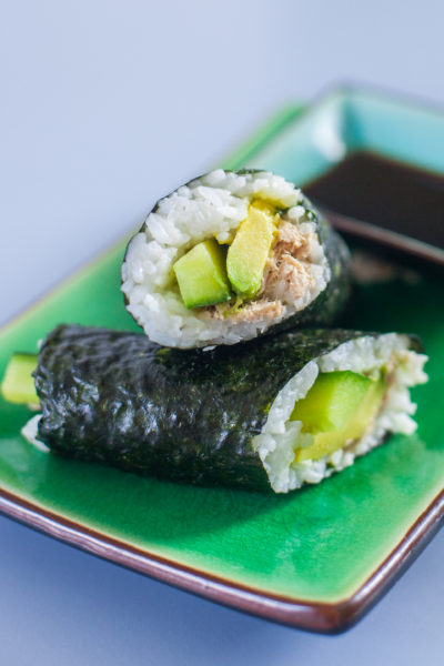 This canned tuna salad hand roll is the best sushi for kids because they can easily make and eat it themselves. Check out a three year old sushi chef! Part of #MiniChefMondays on EatingRichly.com