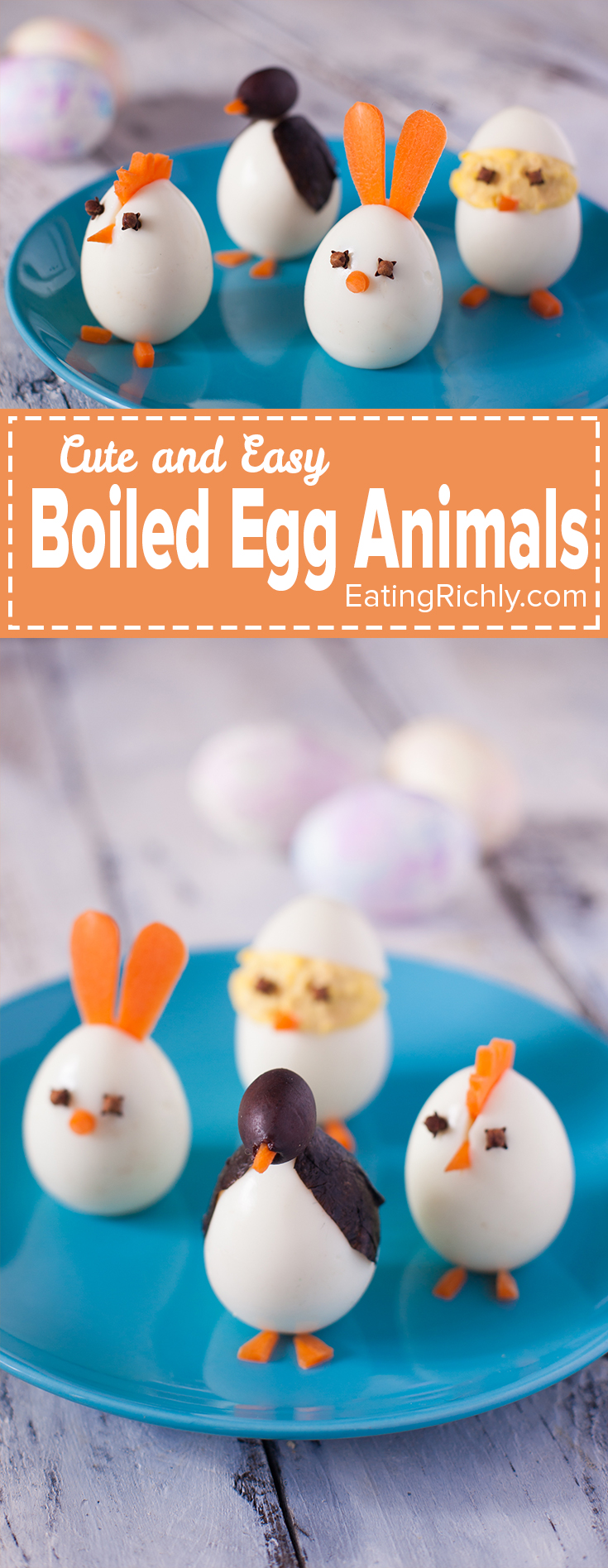 Wondering what to do with Easter eggs now that you're done with Easter? Turn them into these cute and easy boiled egg animals! Each one takes just a few minutes to make. From EatingRichly.com