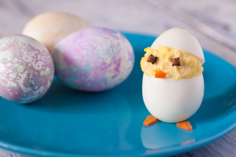 Wondering what to do with Easter eggs now that you're done with Easter? Turn them into these cute and easy boiled egg animals! Deviled egg chicks take just a few minutes to make. Get the recipe and three more at EatingRichly.com