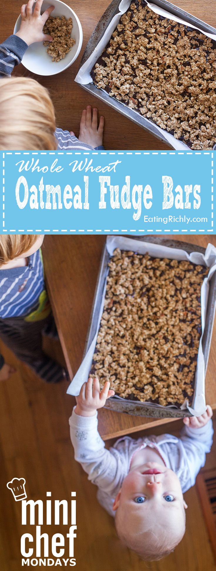 These whole wheat oatmeal fudge bars are easy to make, and full of gooey fudgy chocolate. Made with whole ingredients! Part of #MiniChefMondays on EatingRichly.com