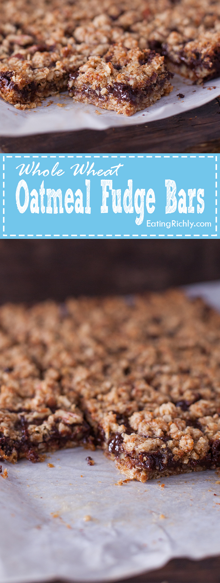 These whole wheat oatmeal fudge bars are easy to make, and full of gooey fudgy chocolate. Made with whole ingredients! Part of #MiniChefMondays on EatingRichly.com