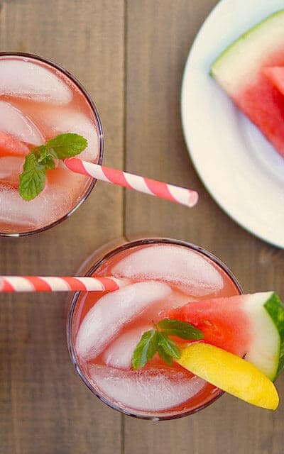 this pretty in pink watermelon lemonade blends watermelon and lemon together, then strains it to make a juice. Check out all 20 booze free Mother's Day drinks on EatingRichly.com