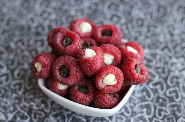 Chocolate-stuffed raspberries. Get more recipes for healthy 4th of July desserts at EatingRichly.com.