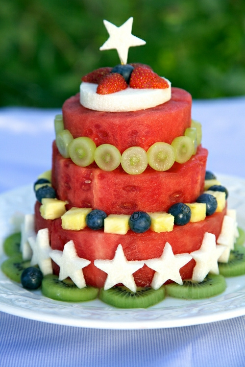 Fresh Fruit Watermelon Cake. Get more recipes for healthy 4th of July desserts at EatingRichly.com.