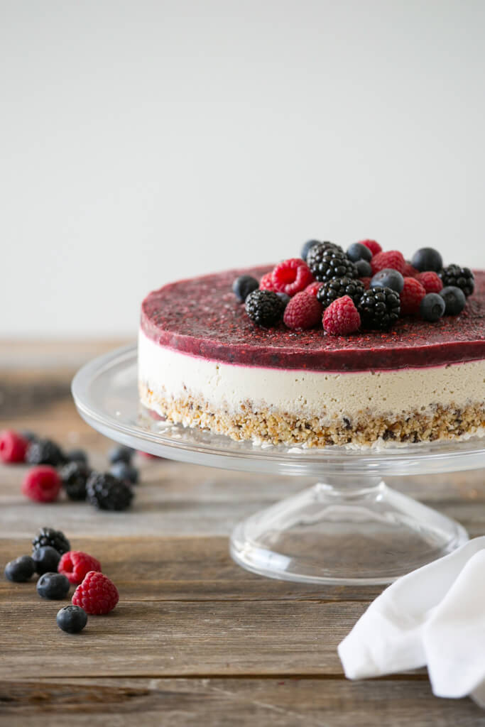 Raw mixed berry and vanilla bean cheesecake. Get more recipes for healthy 4th of July desserts at EatingRichly.com.