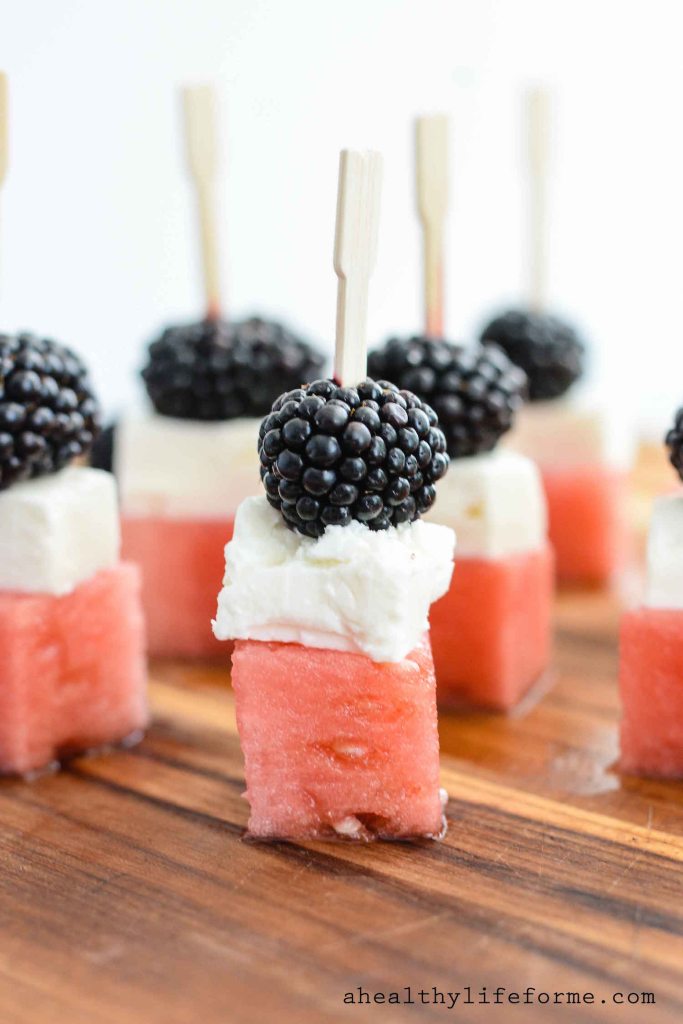Watermelon feta blackberry skewers. Get more recipes for healthy 4th of July desserts at EatingRichly.com.