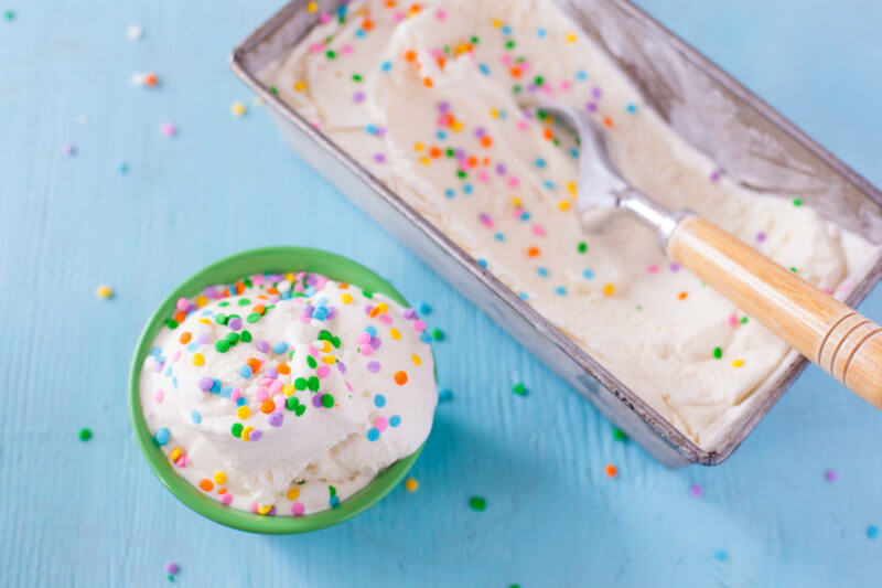 This cake batter ice cream recipe doesn't require any cooking. Simply mix and churn for amazing ice cream that tastes just like birthday cake! From EatingRichly.com