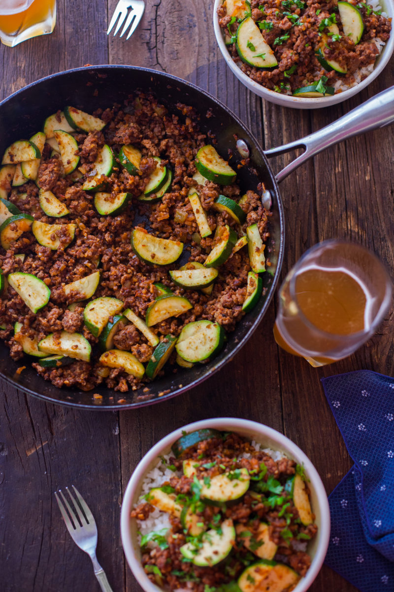Need a quick easy paleo dinner? This one-pot zucchini beef skillet is ready in 30 minutes and can be eaten as is or over rice. Use up that garden zucchini! From EatingRichly.com