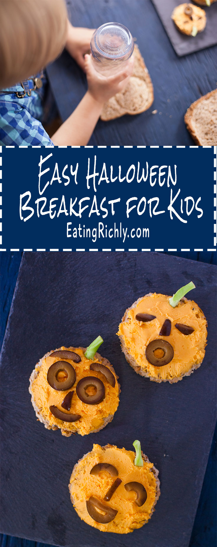 These jack o'lantern toasts make an easy Halloween breakfast for kids, and double as a fun edible craft! From EatingRichly.com