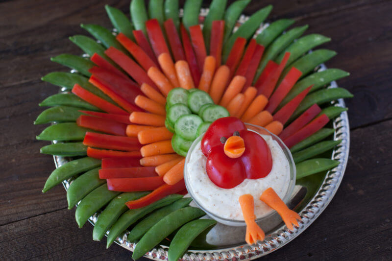 Thanksgiving turkey veggie tray. Such a cute idea! Great way to get kids to eat their veggies. From EatingRichly.com