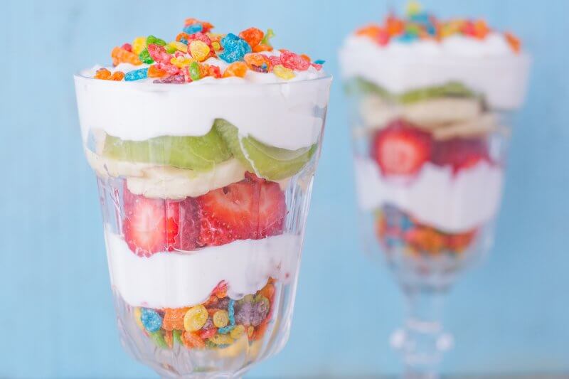 This fruity pebbles dessert parfait recipe layers Greek yogurt, and fresh kiwi, strawberries, and banana with your favorite colorful cereal for a fun treat. From EatingRichly.com