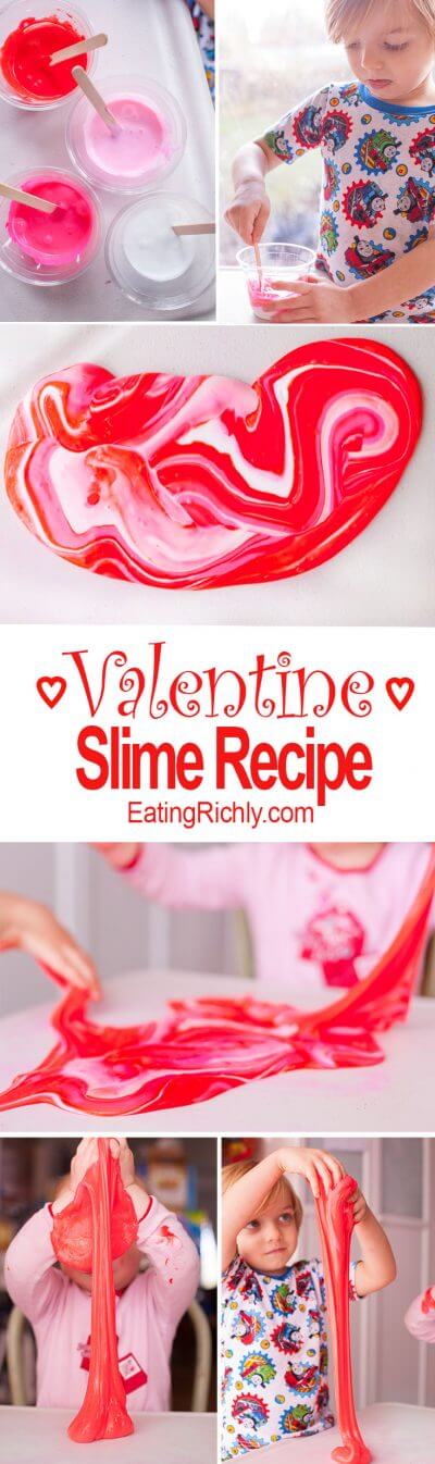 This quick and easy borax slime recipe makes a Valentine's Day activity that provides hours of entertainment. From EatingRichly.com