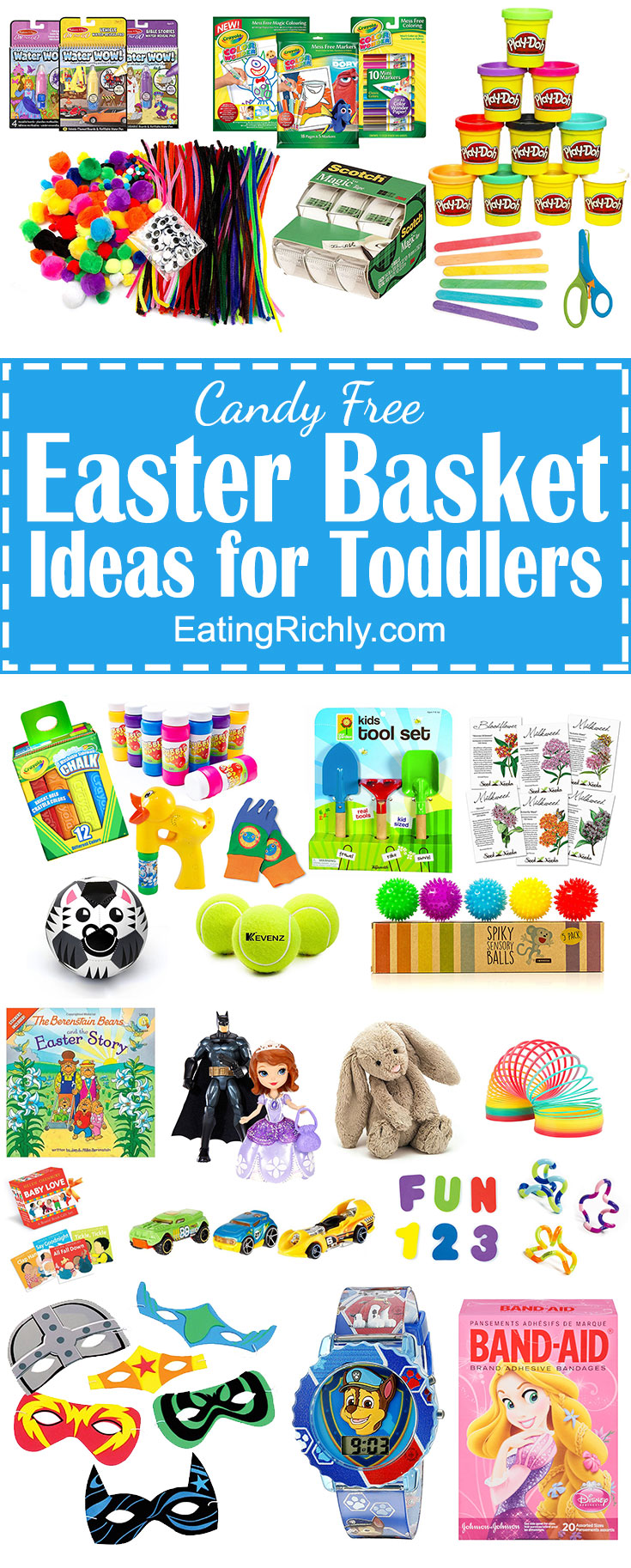 From arts and crafts to outdoor fun, check out 30 no candy Easter Basket ideas for toddlers! From EatingRichly.com