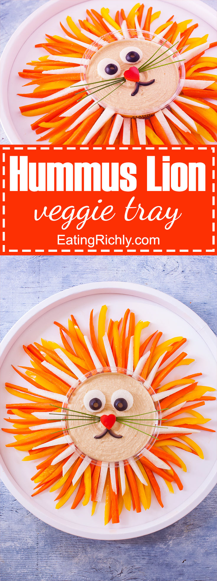 Kids and adults love this cute lion vegetable tray so much, they will stuff themselves on veggies without even realizing it! From EatingRichly.com