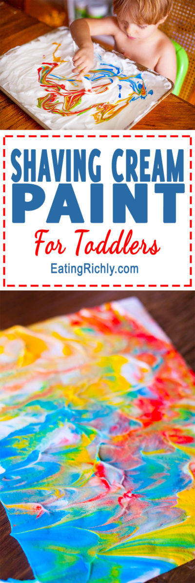 Shaving cream paint is a fun way for your toddler to create beautiful marbled works of art, and get some sensory play at the same time. From EatingRichly.com