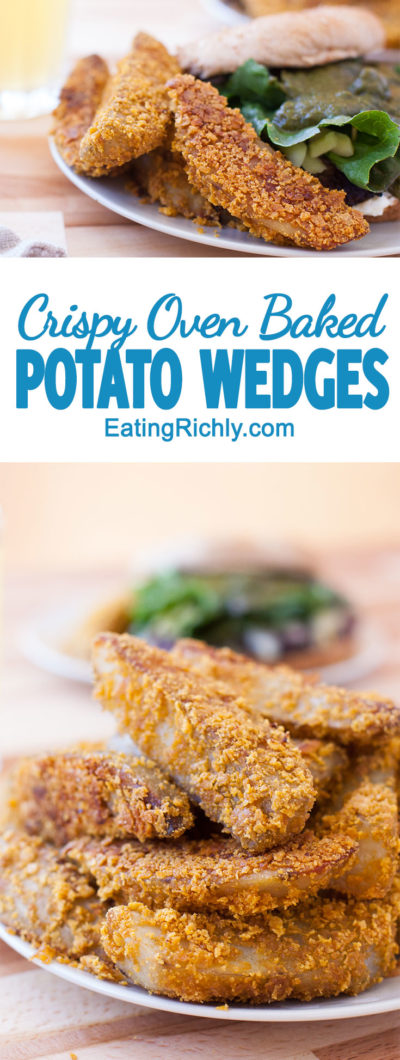 Crispy baked potato wedges have a crunchy exterior, but are soft and tender inside. Super easy to make, using ingredients you likely already have on hand! From EatingRichly.com