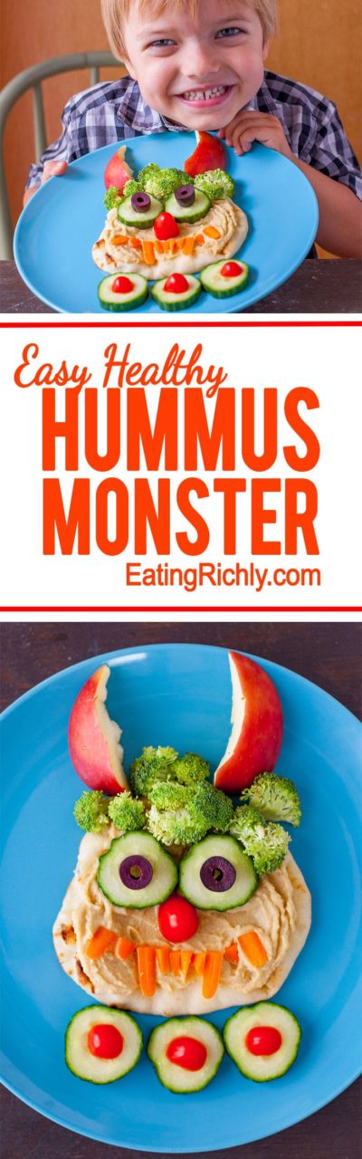 This friendly hummus monster is adorable any time of year, but makes the perfect healthy Halloween lunch for kids. And it's so easy to make! From EatingRIchly.com