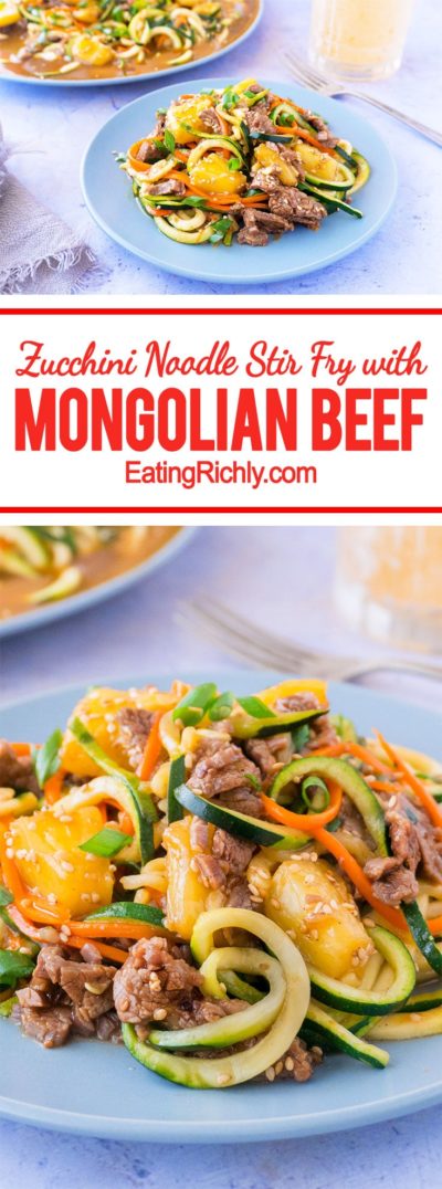 This one pot zucchini noodle stir fry combines flavorful Mongolian beef sauce, & tangy pineapple, with zoodles to make a healthy, easy, complete meal.