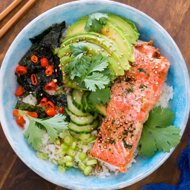This healthy sushi bowl is a fun way to use up leftover salmon, and makes it so easy to satisfy your afternoon sushi craving without breaking the bank. From EatingRichly.com