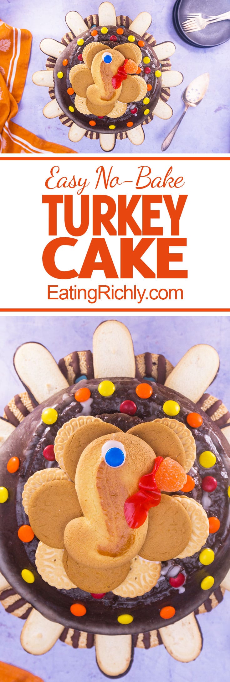 This easy turkey cake is made from a store bought chocolate bundt cake and packaged cookies and candy, so it's no-bake and fast to make! From EatingRichly.com