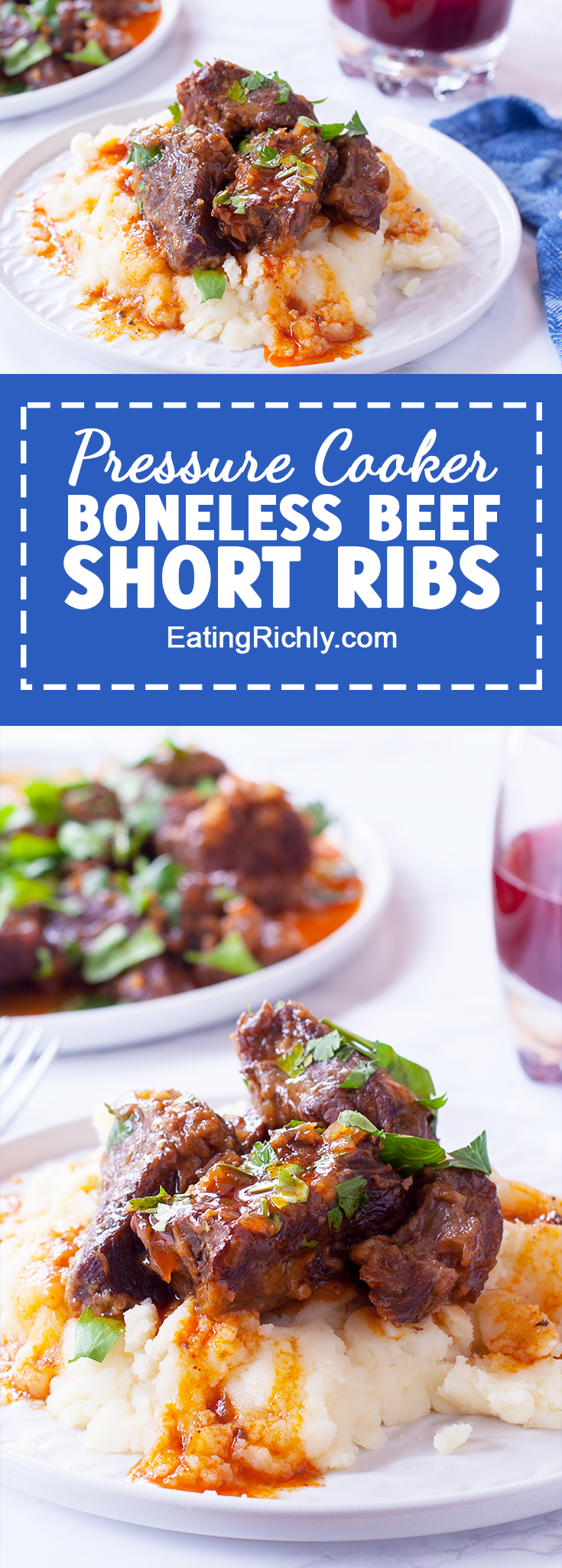 This pressure cooker short ribs recipe makes fall apart tender boneless beef short ribs in under an hour using the Instant Pot or your favorite pressure cooker. You won't believe it until you try it! From EatingRichly.com