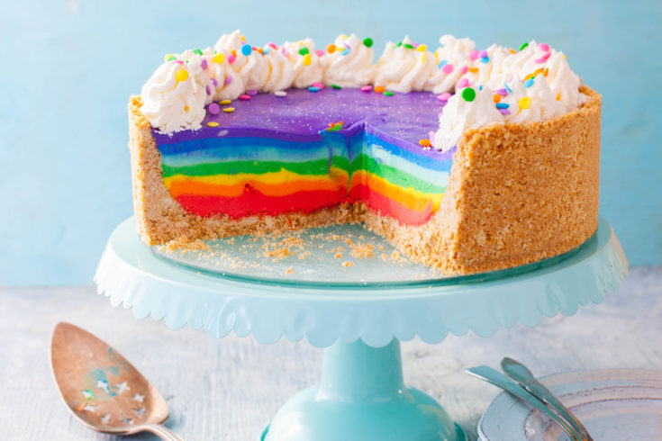 Rainbow Cheesecake on a cake stand