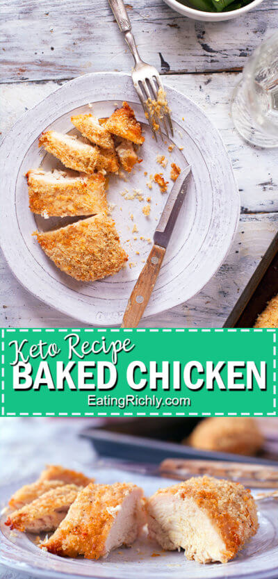 This keto baked chicken recipe is an easy dinner recipe for juicy, tender, flavorful chicken with a low carb crispy coating to satisfy that fried chicken craving. Made with boneless skinless chicken breasts and ready in just 30 minutes!