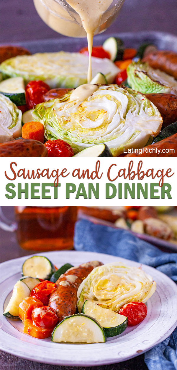 Get dinner ready in about 30 minutes with this easy cabbage and sausage recipe for a sheet pan dinner. The perfect easy weeknight meal! #dinner #dinnerrecipe #dinnertonight #recipe #sausage #cabbage #sheetpan #sheetpandinner #quickdinner #easydinner #kidfriendly