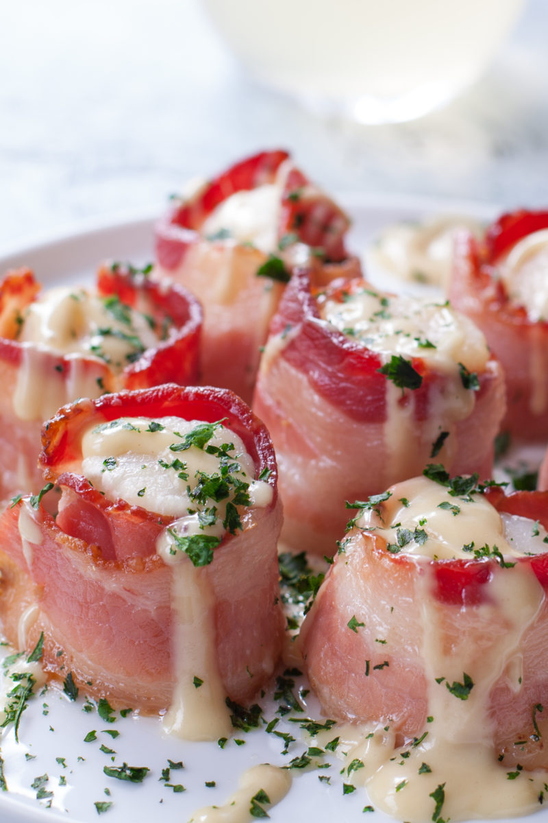 Bacon Wrapped Scallops Baked with Maple Cream Sauce