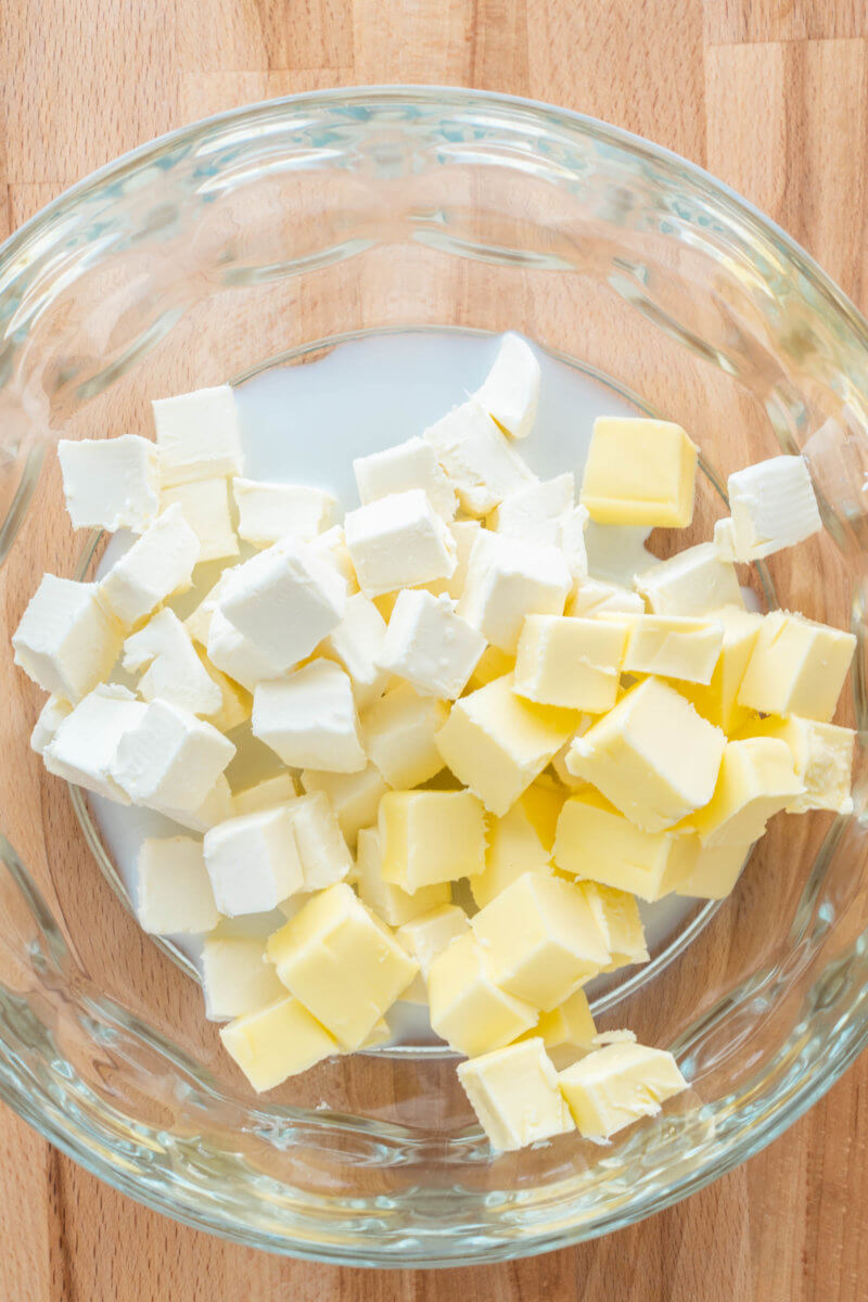 Cubed Butter Cream Cheese and Milk for Turkey Cheese Ball