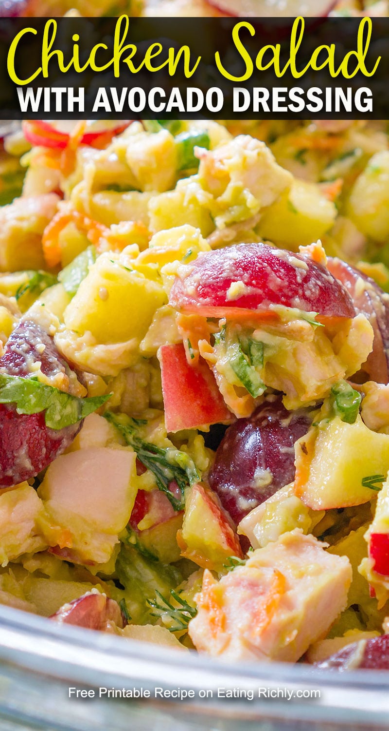 This AVOCADO CHICKEN SALAD RECIPE is packed with layers of color, flavor, and texture. It also swaps most of the mayonnaise for a tangy avocado dressing that’s perfect for using up preserved avocado.