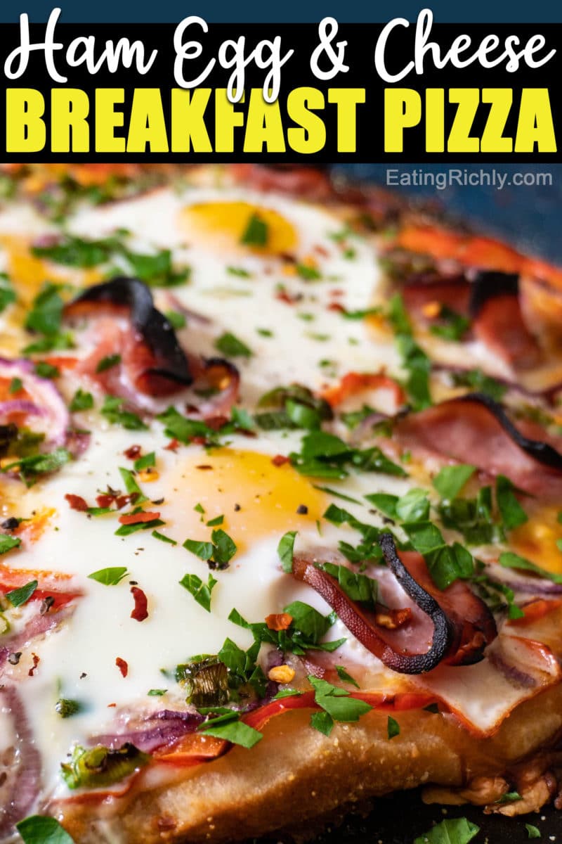 A ham, egg, and cheese breakfast pizza recipe combines the classic flavors of a Denver omelet with eat by the slice convenience. You can make this breakfast pizza for a fun brunch recipe, or a grab and go breakfast that you can eat in the car.