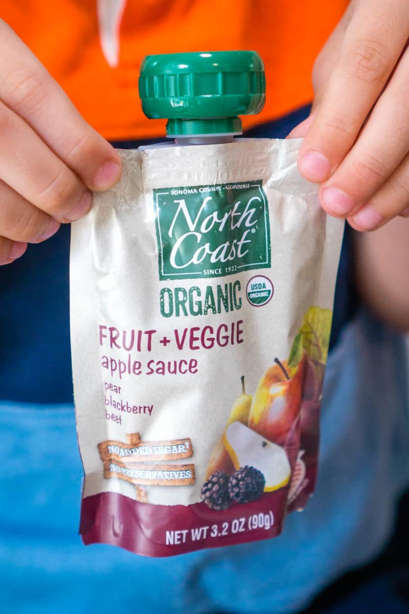 Child holding North Coast Organic Fruit + Veggie Pouch with apple sauce, pear, blackberry, and beet